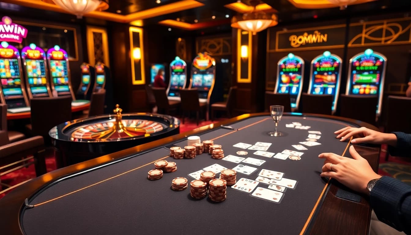 Players enjoying high-stakes poker at a luxurious casino table, emphasizing bomwin gaming excitement.