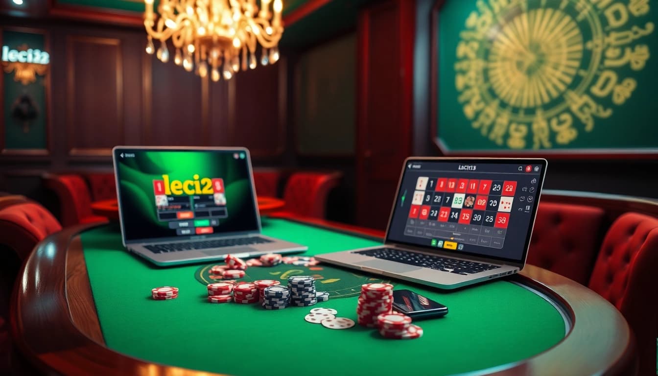 Leci123 app showcase amid an elegant casino setting with roulette and poker elements.