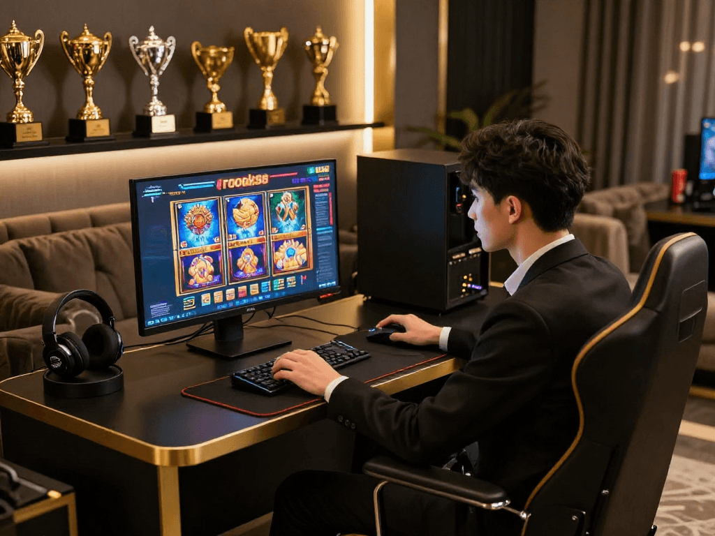 Engaging player enjoying rokok88 slot in a luxurious gaming environment