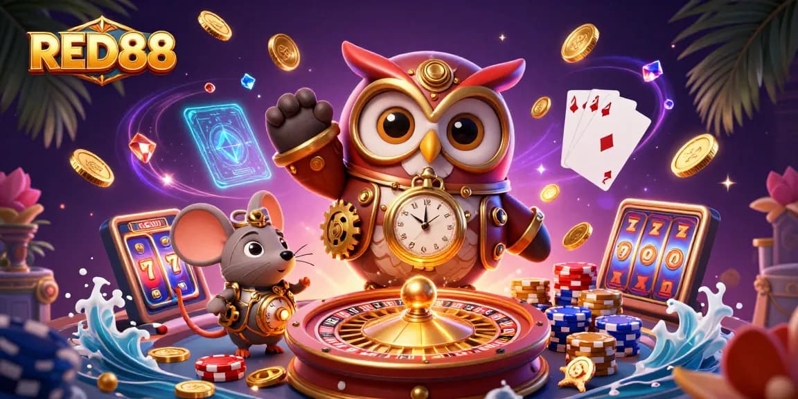 Rediscover the thrill of RED88 with cartoon characters amidst casino excitement!