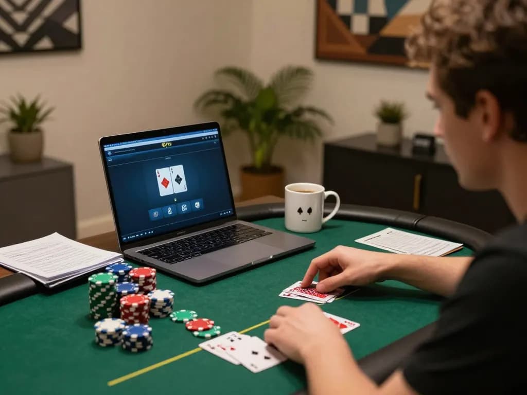 Engaging online poker session featuring kp88 gameplay with cards and chips on a stylish desk.