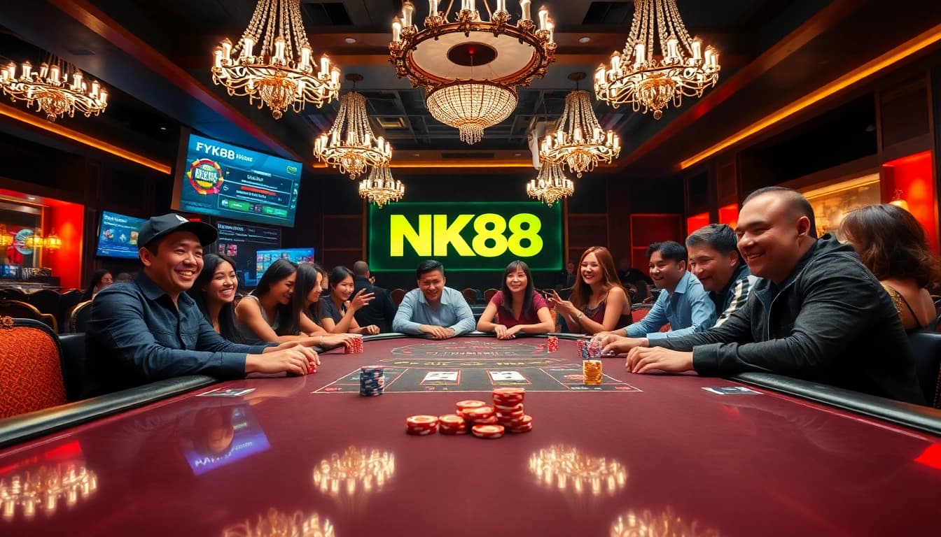Experience the excitement of NK88 at a vibrant casino table filled with eager players and colorful chips.