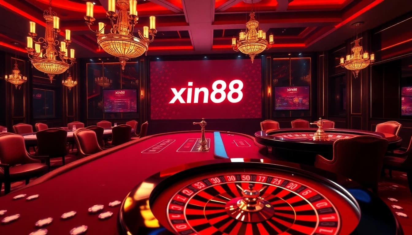 Experience thrilling gameplay at xin88 with a lavish casino setting featuring vibrant tables and elegant decor.