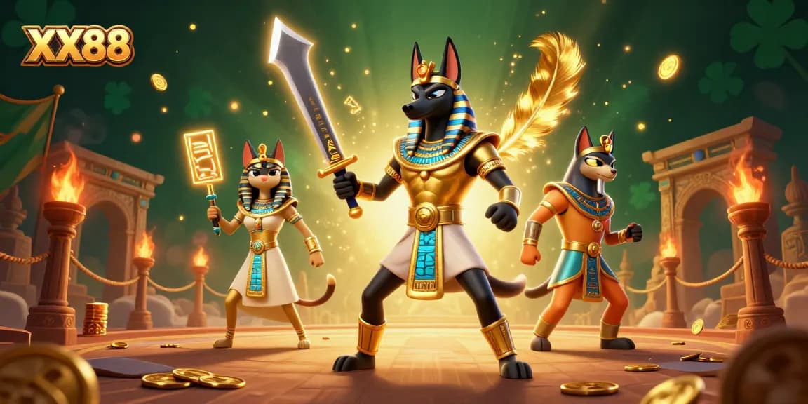 Experience the magic of gaming at XX88 with ancient Egyptian warriors and dynamic casino elements.