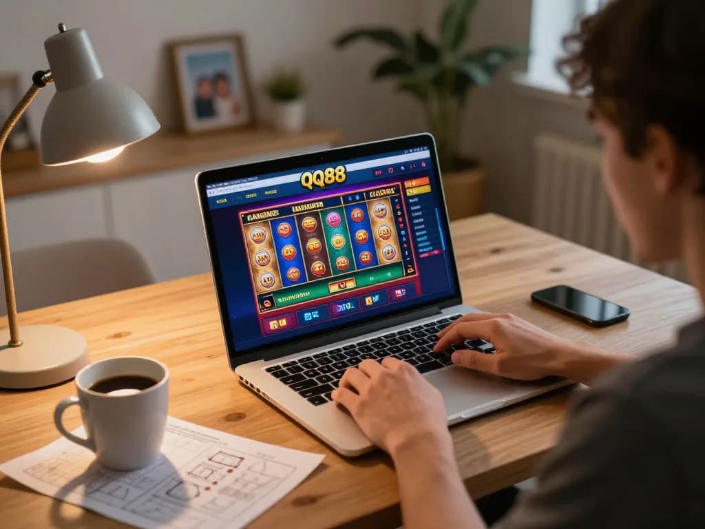 Engaged player exploring qq88 online casino interface with vibrant slot games in cozy home setting