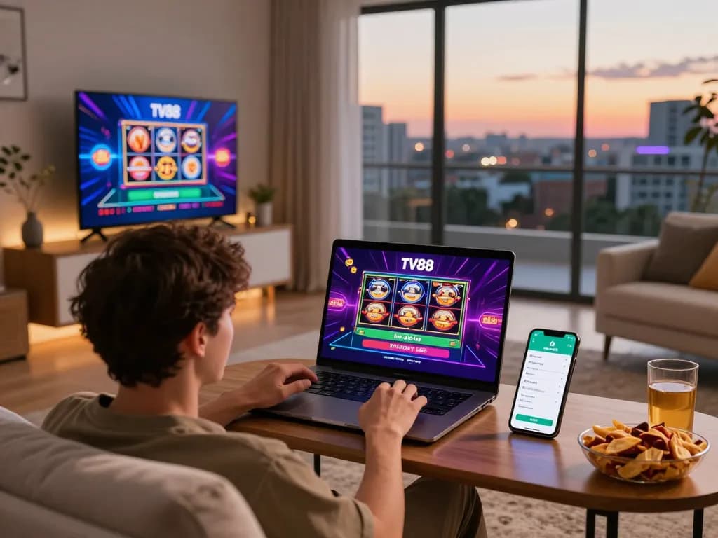 Player enjoying TV88 casino games on a laptop in a cozy home setting.