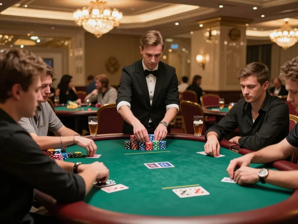 Players in a high-stakes poker game at OKFUN casino displaying intense strategy and excitement.