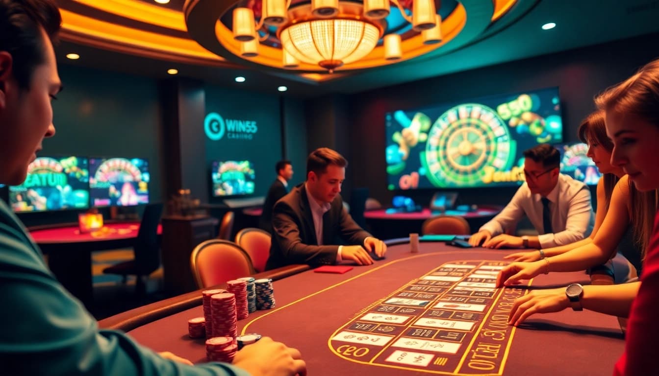 Players enjoying a thrilling poker game at win55.com with vibrant chips and elegant casino ambiance.