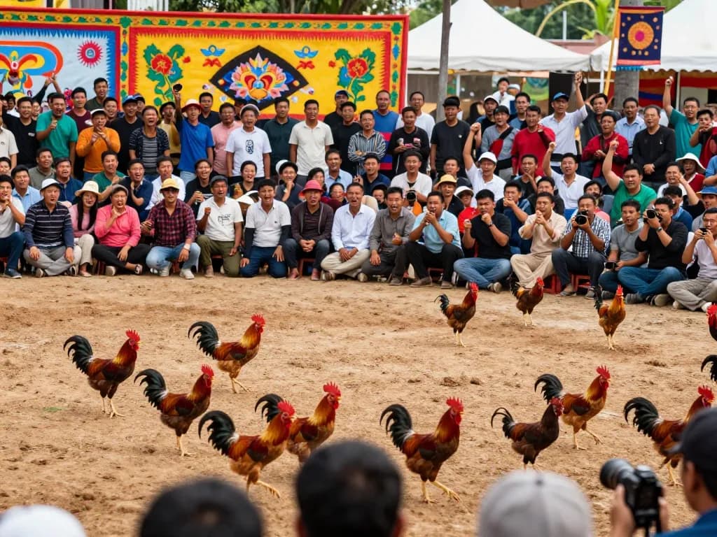 Khung cảnh sự kiện đá gà Thomo hôm nay với khán giả cổ vũ và những chú gà sẵn sàng cho trận đấu