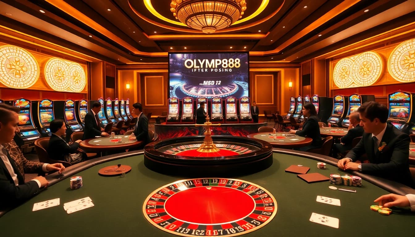 OLYMPUS88 gaming scene with luxurious poker tables and roulette wheels illuminating the excitement of online slots.