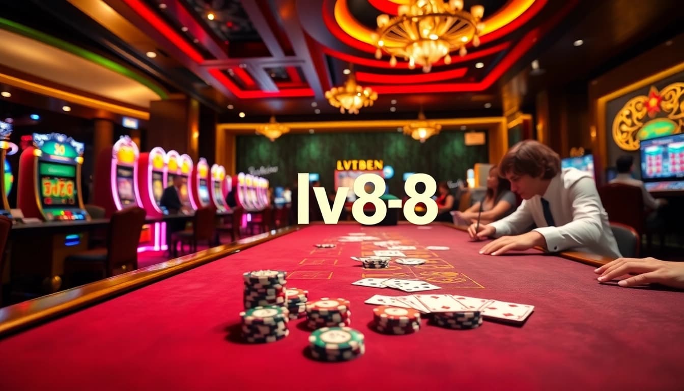 Engaging scene of players at LV88 casino tables, showcasing excitement and luxury in gambling.