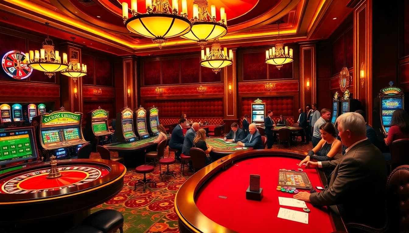 Engaging players enjoying a lively C168 casino atmosphere with roulette tables and slot machines.