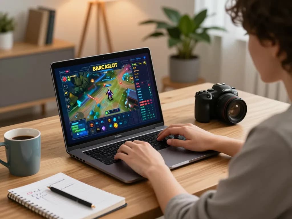 Pemain menikmati permainan online Barcaslot di laptop, fokus pada strategi dan kemenangan.
