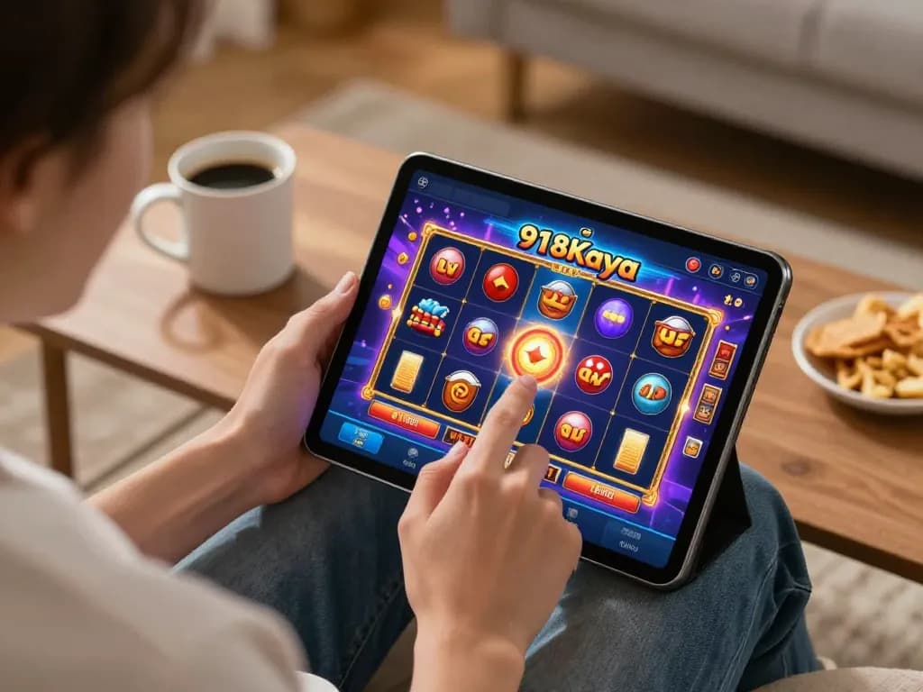 Engaging with the 918Kaya PNG app in a cozy home setting while enjoying slot games.