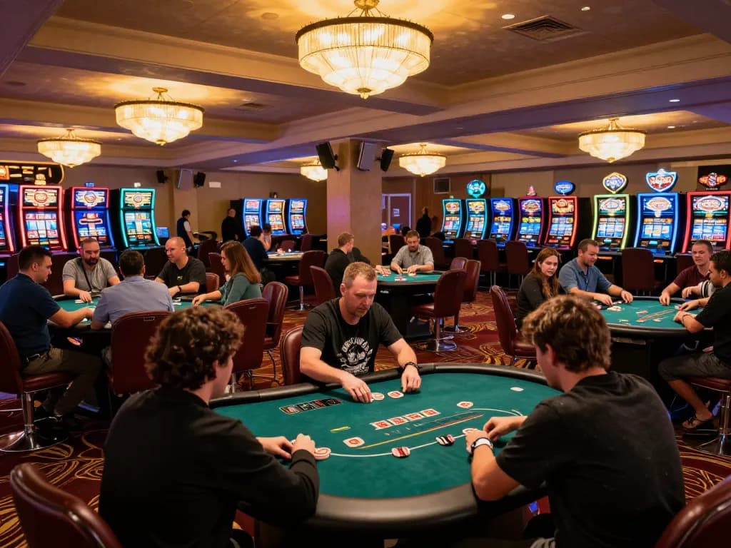 Players enjoying a thrilling game of poker at KJC casino, illuminated by warm lighting.