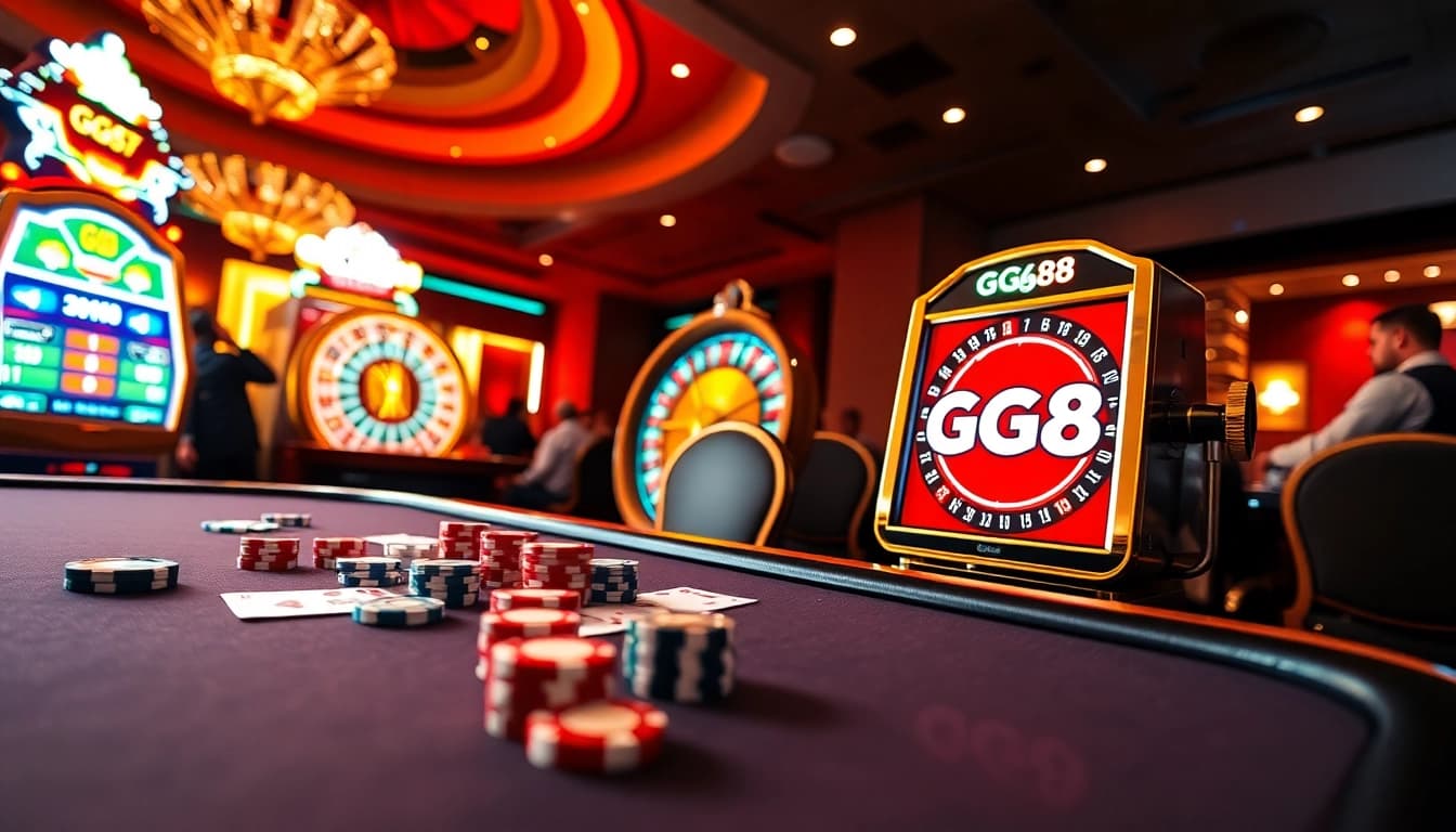 Exciting casino experience at GG88 with poker chips, cards, and bright slot machines.