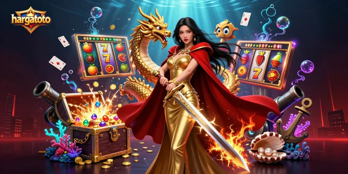 Experience thrilling gameplay with hargatoto, featuring a warrior queen and dazzling casino elements.
