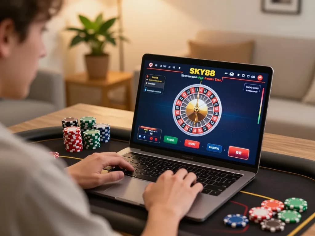 Engaging online gaming at SKY88 with roulette game displayed on a laptop.