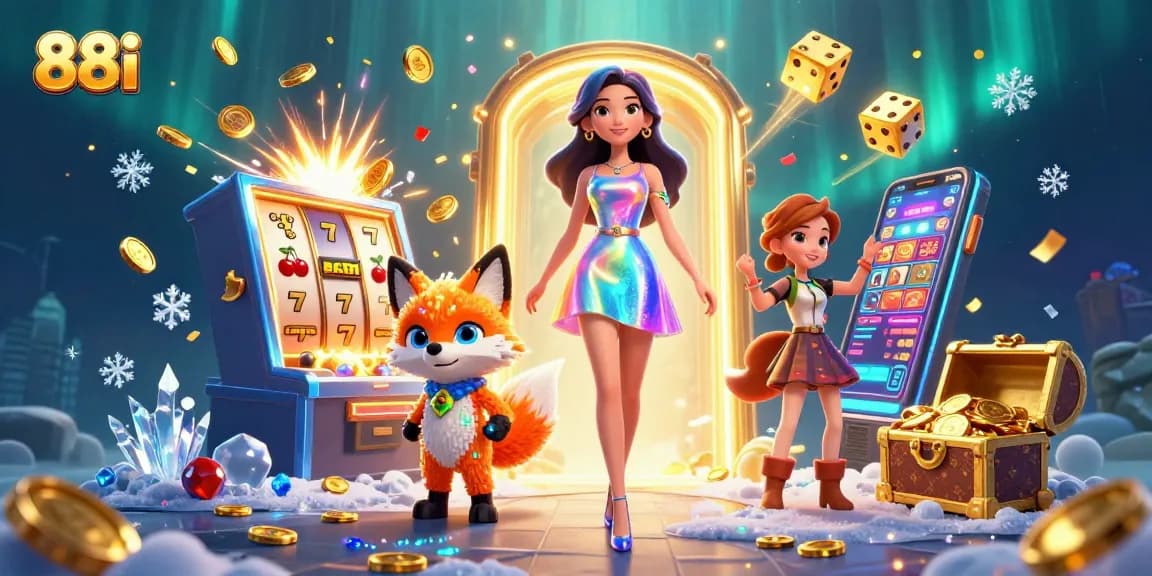 Experience the thrill of 88i slots with a vibrant jackpot explosion amid captivating characters and casino elements.