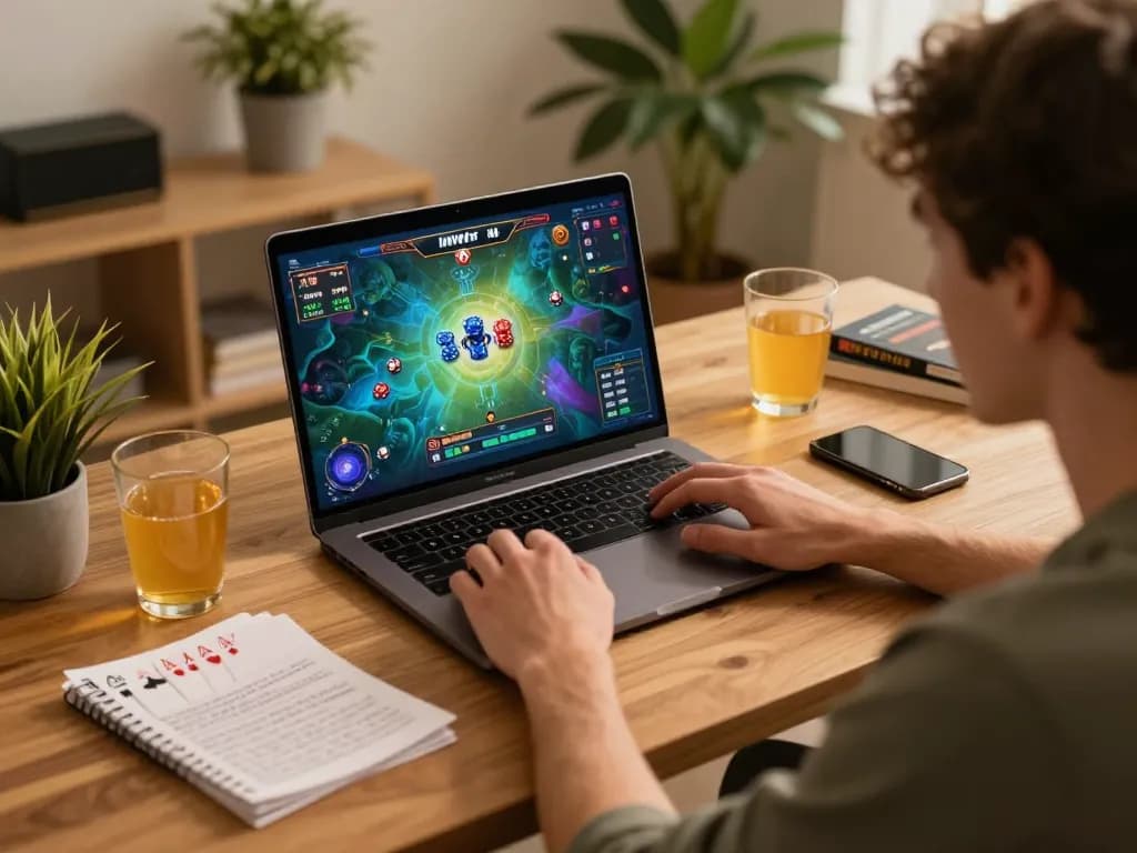 Engage in online casino games on iwin with a focused player and strategic setup at home.