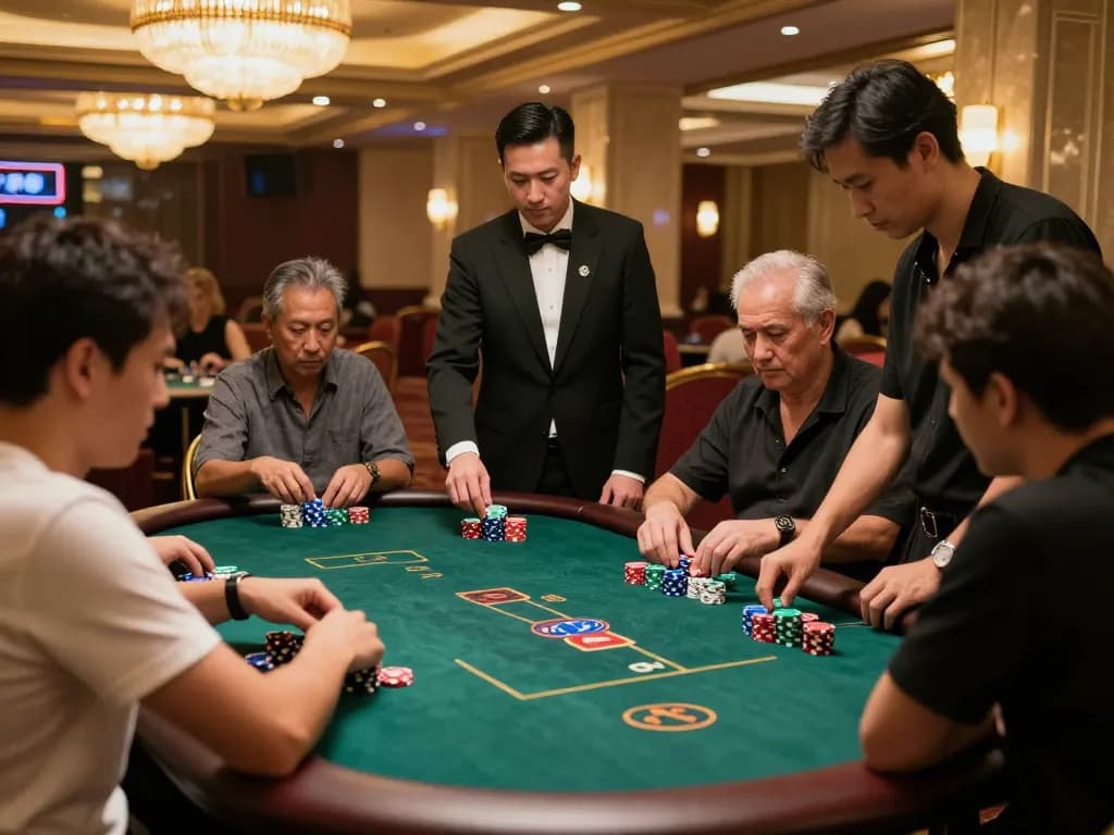 TIP88 players strategizing at vibrant poker tables in a luxurious casino setting.