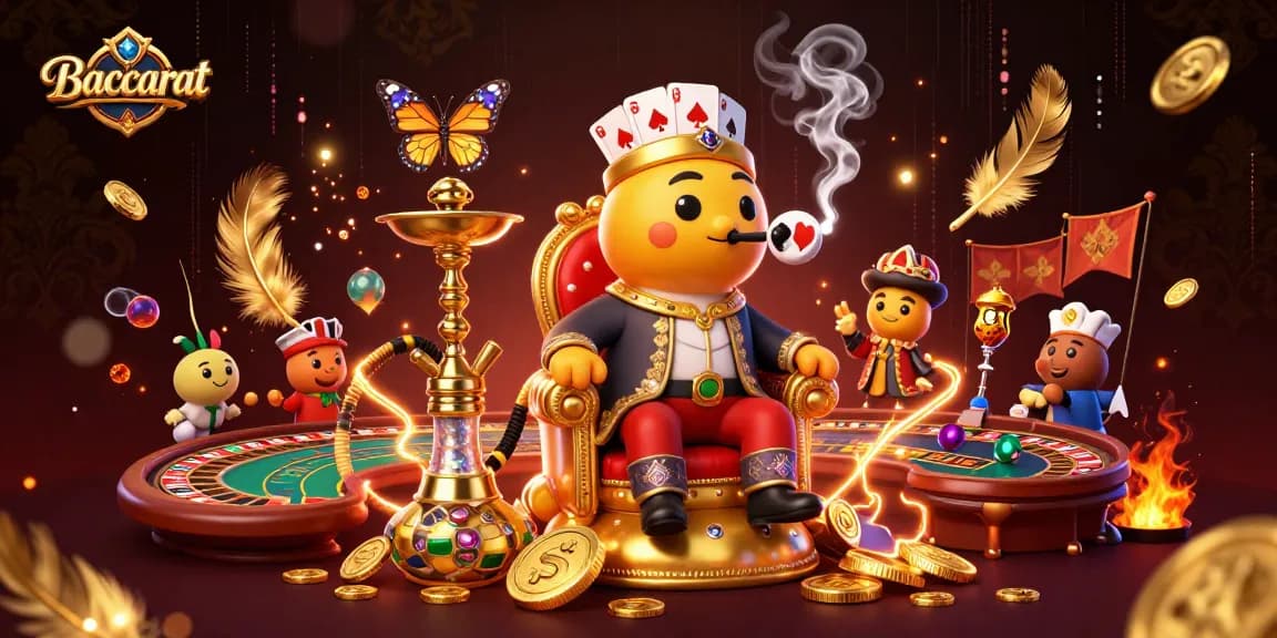 Baccarat scene featuring a playful caterpillar hookah-master at a casino table, surrounded by vibrant betting elements.