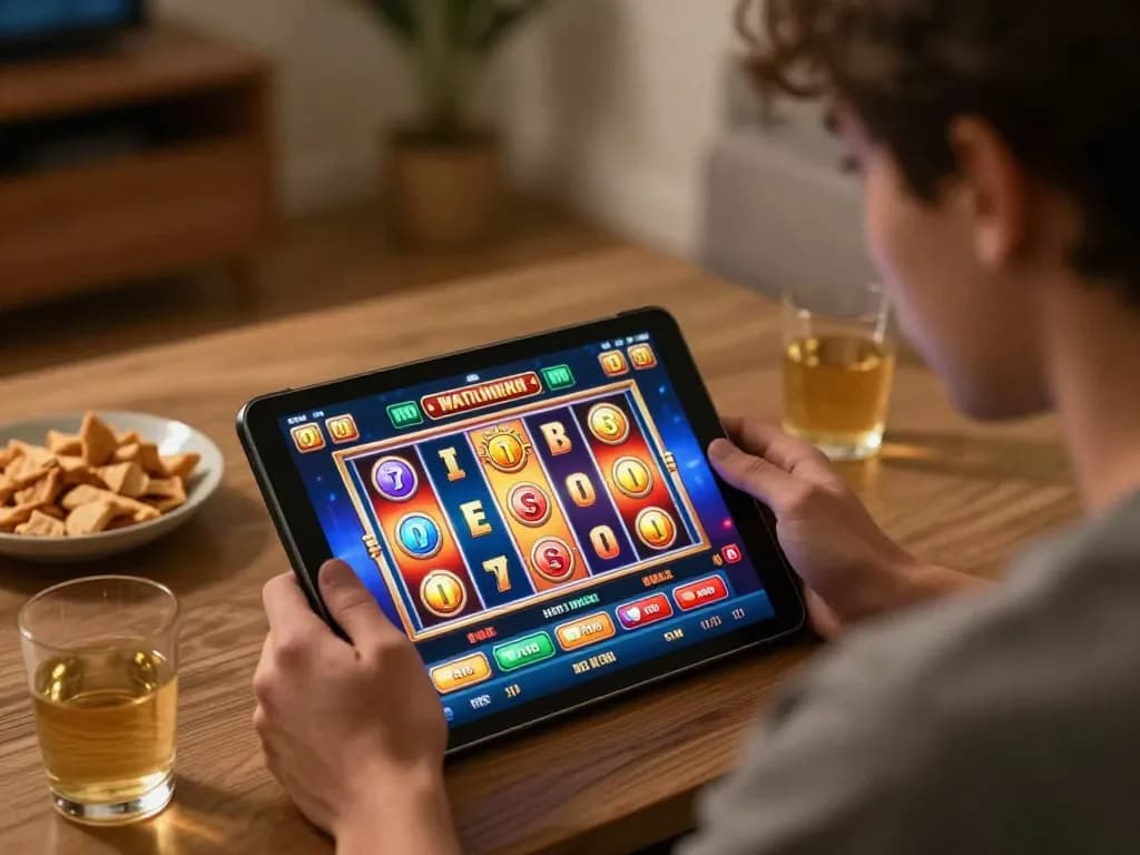 KUBET player enjoying an engaging slot game on a tablet in a cozy home setting, highlighting the thrill of online gaming
