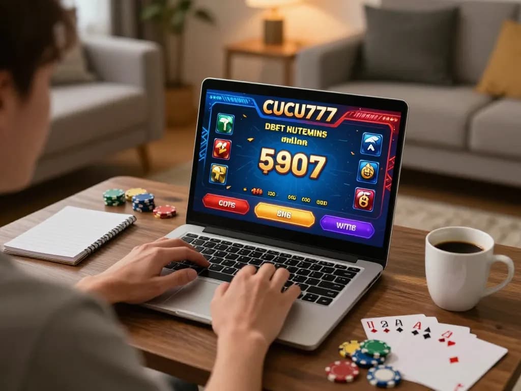 Cucu777 online gaming experience with player engaged in laptop gameplay and casino chips.