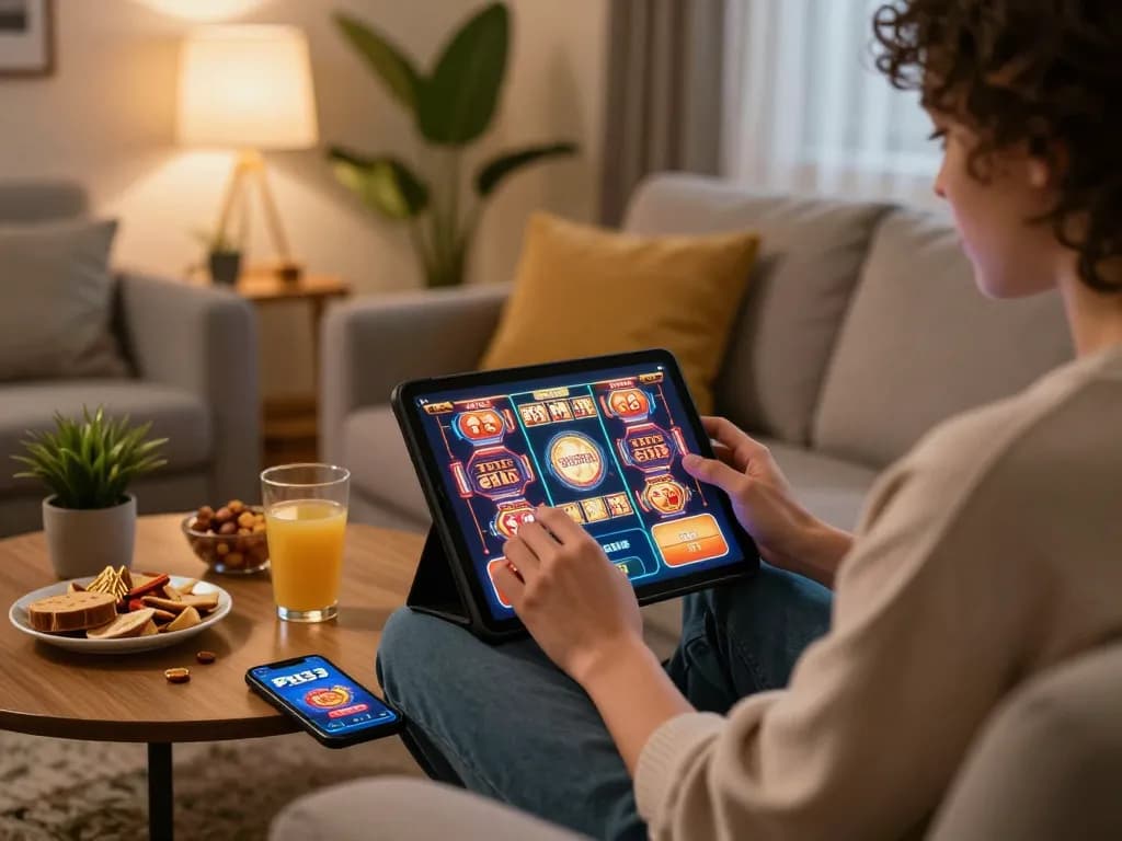Engaging online gaming session at PH33 casino with a person enjoying slots on a tablet in a cozy living room