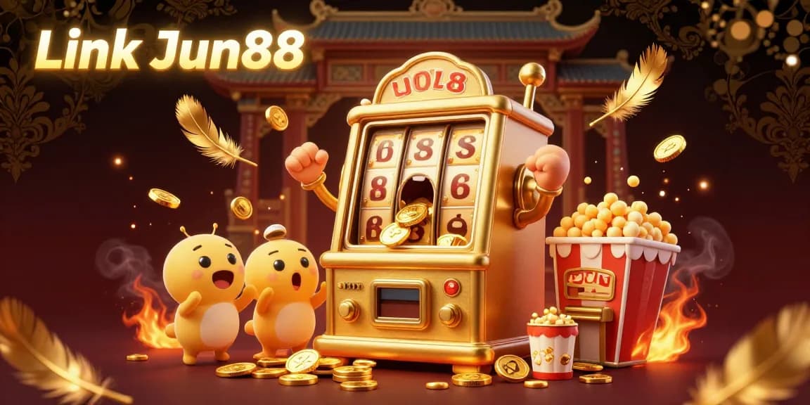 Spin to win at Link Jun88 with an energetic slot machine scene filled with gold coins and excitement.