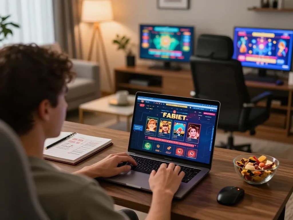 Engaging with FABET's online casino platform in a cozy home atmosphere for strategic betting