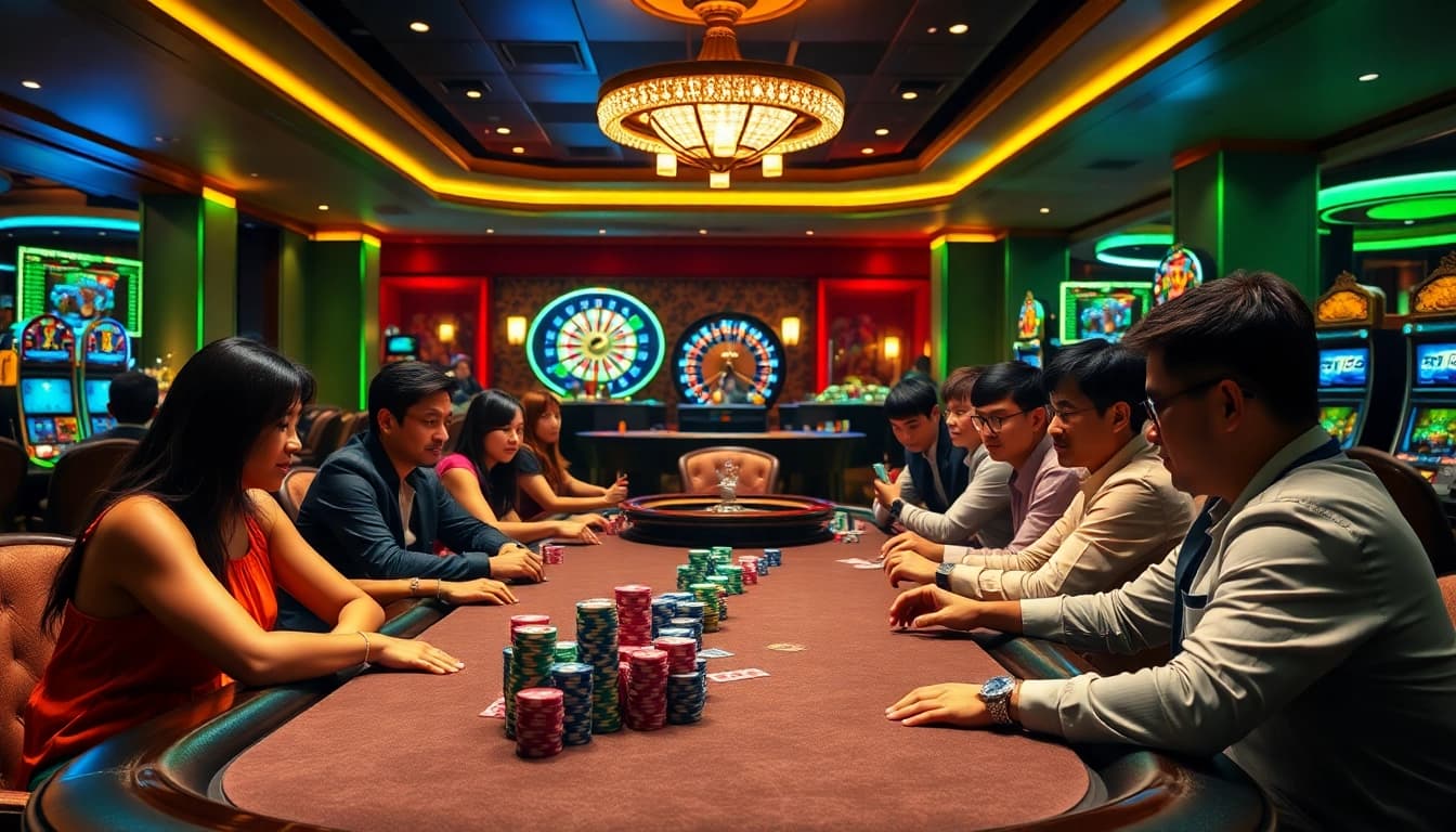 Cảnh chơi poker đầy hứng khởi tại casino Trang chủ JD88, thể hiện sự tham gia của các người chơi và những chiếc chip poker.
