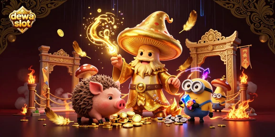Engage with dewa slot magic featuring a golden mushroom wizard and treasures in a vibrant casino setting.