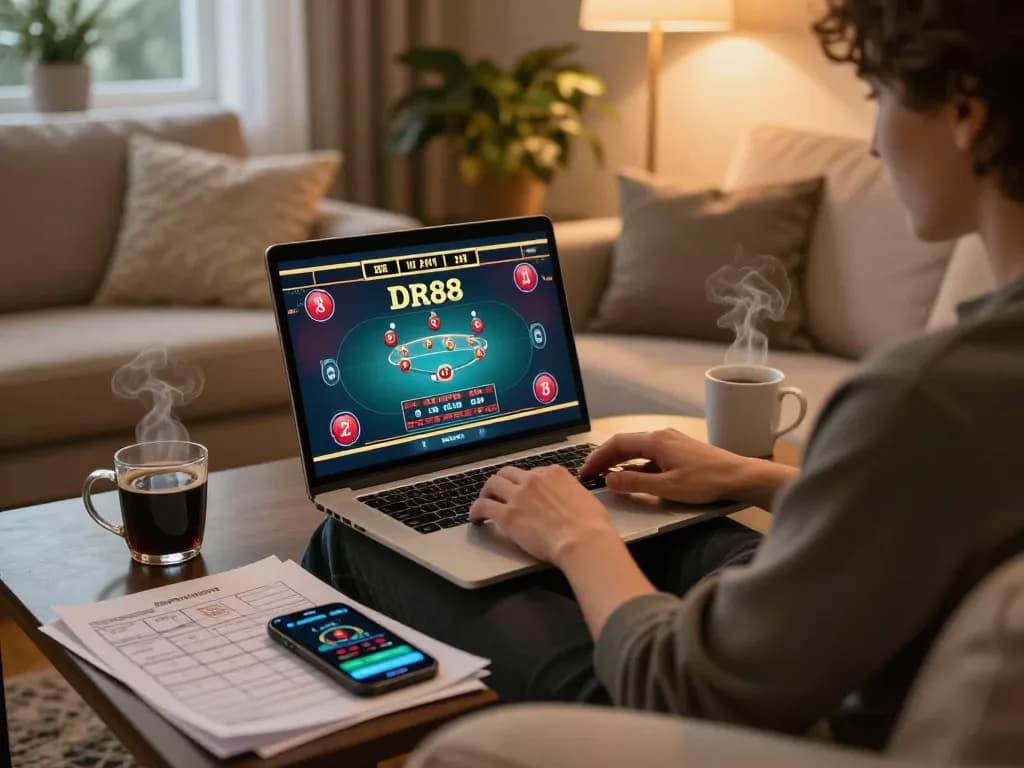 Player engaging in online gambling at DR88 from a cozy living room.