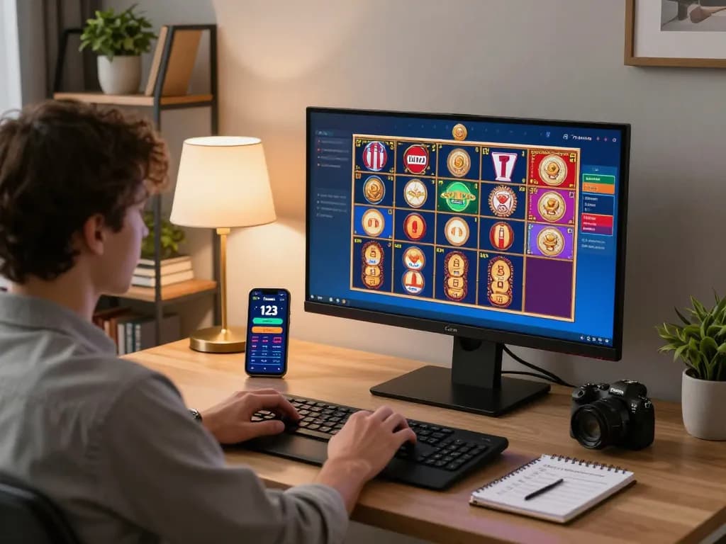 Bermain di slot online Tempo 123 di kantor rumah yang nyaman dengan grafik berwarna-warni.