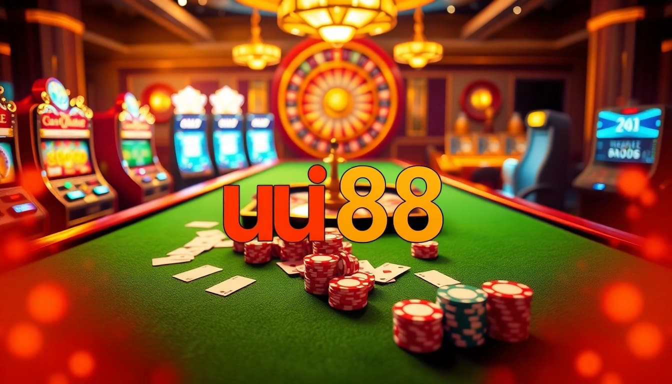 Experience the thrill of gambling at uu88 with vibrant casino visuals including tables, chips, and cards.