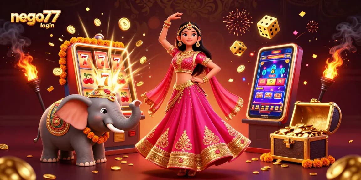 Immerse in NEGO77 login experience with vibrant elements, slot machines, and golden treasures.