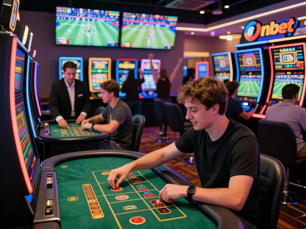 Onbet players enjoying an engaging online gaming experience in a vibrant casino atmosphere.