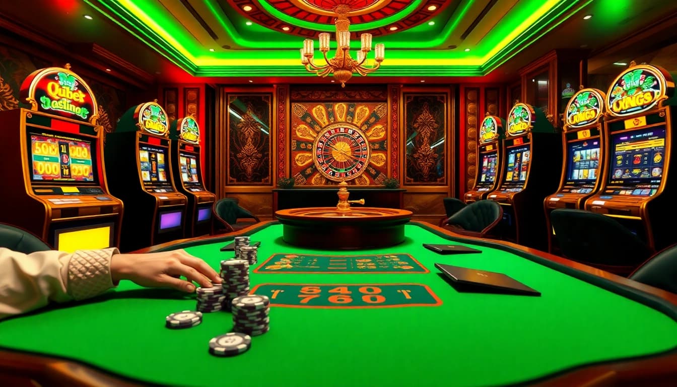 Experience the excitement of Luck8 games with vibrant casino visuals featuring poker tables and slot machines.