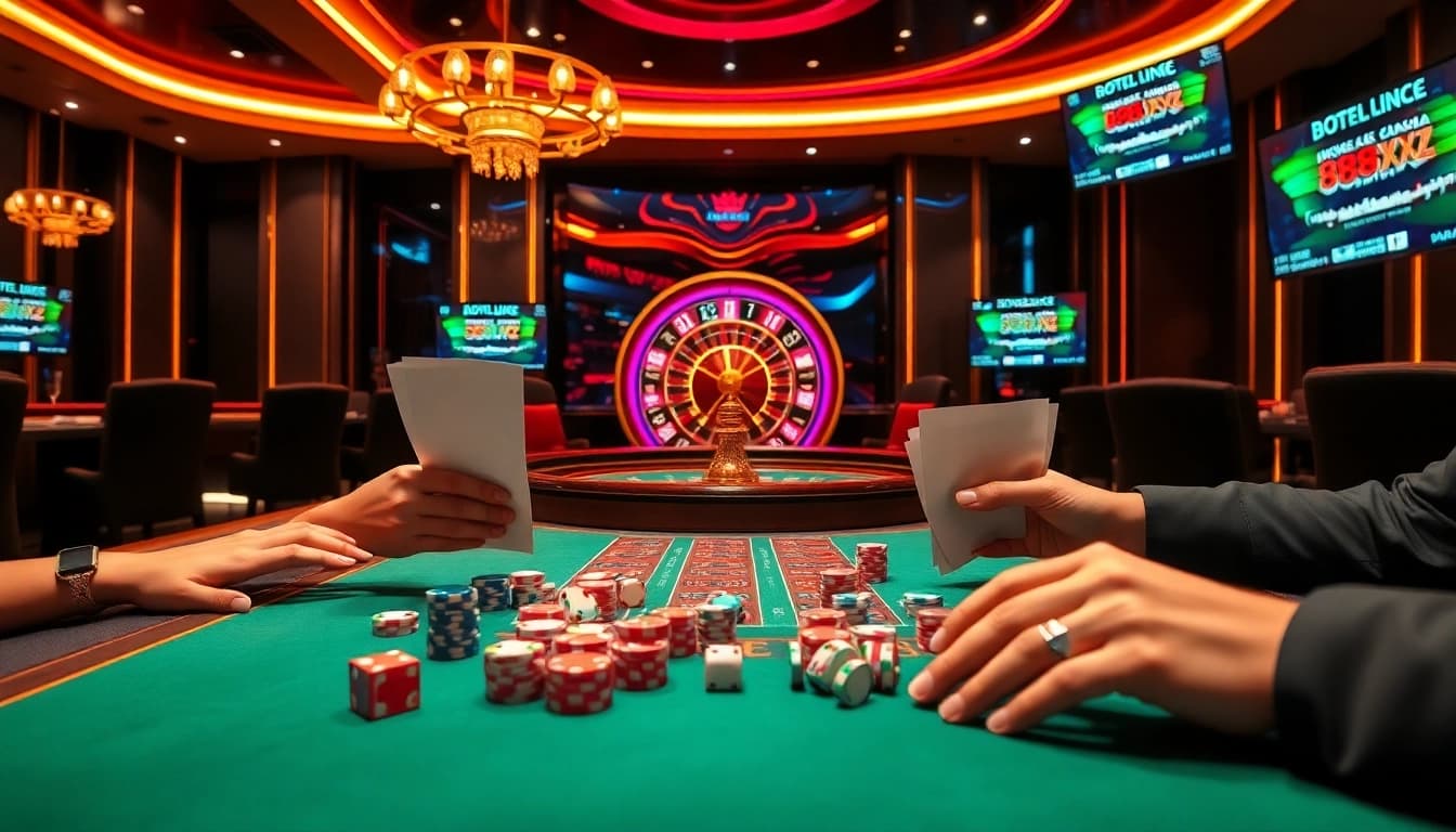 Experience excitement at the casino with 88xx gaming tables, poker chips, and a roulette wheel.