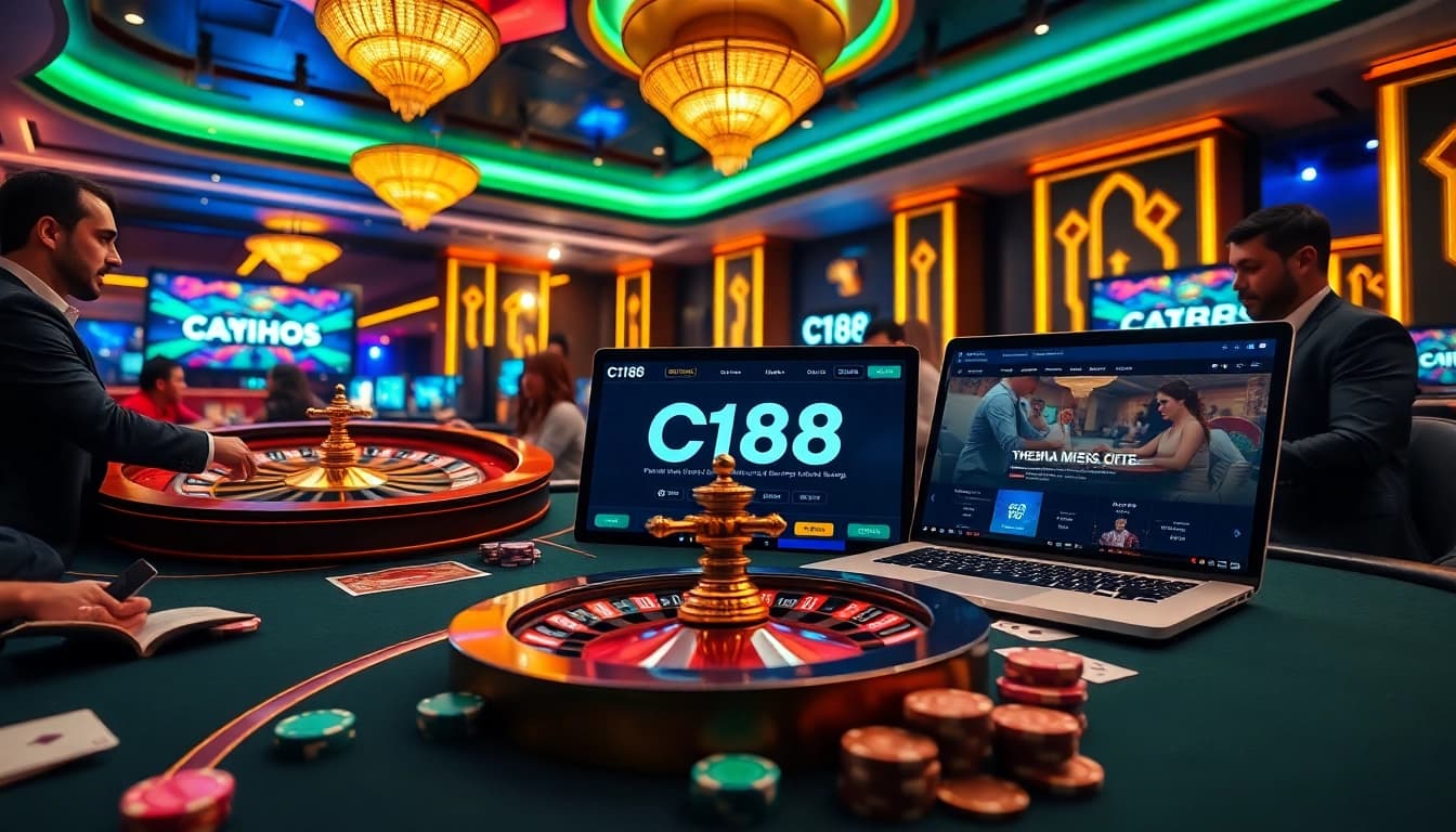 C168 players enjoy strategic betting at a vibrant casino table with chips and cards.