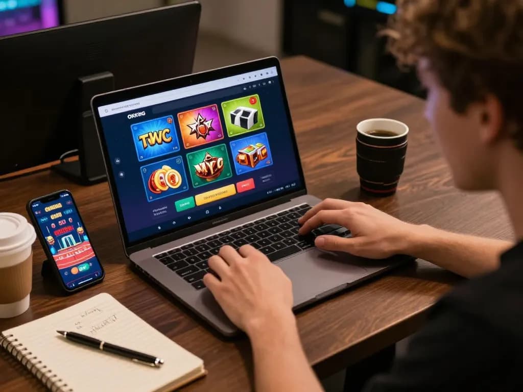 Player engaging in exciting online gaming at OKKING app on a laptop, showcasing vibrant casino interface