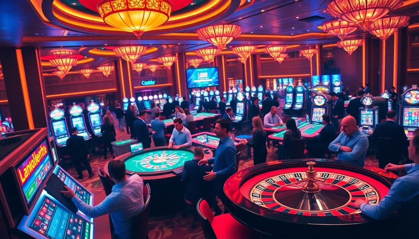 Exciting gaming scene featuring players at https://lu88.soccer/ casino tables and vibrant slot machines.