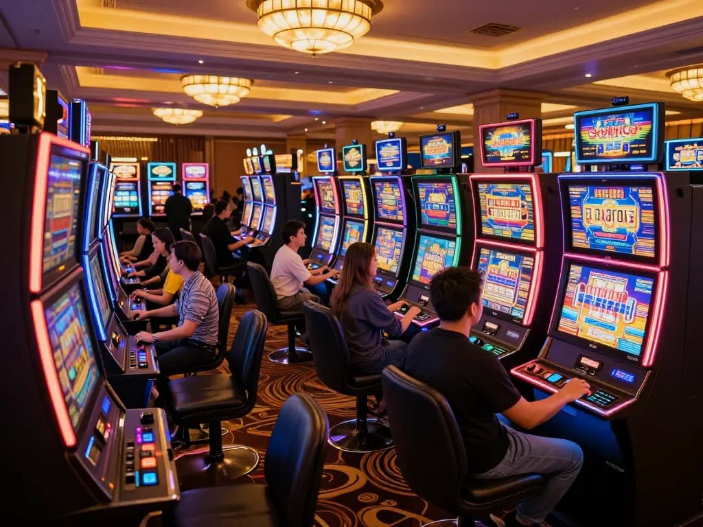 Player enjoying a thrilling slot experience at a vibrant casino, capturing excitement and colorful displays.