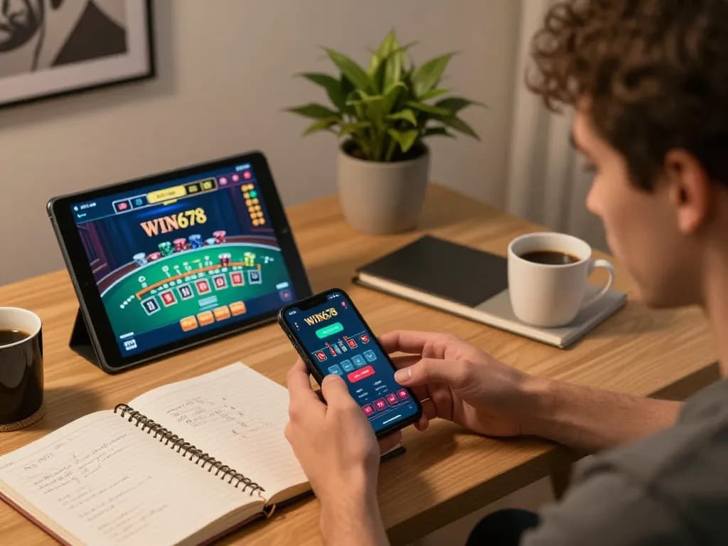 Engaging user playing WIN678 casino game on smartphone, highlighting online gambling strategy.