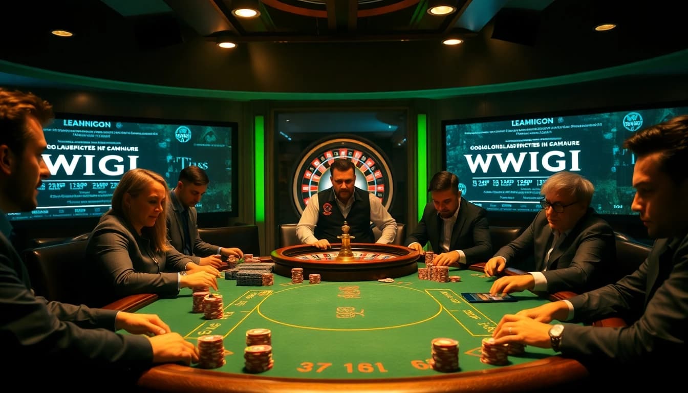 Players gamboling at a poker table in a casino showcasing hidden wiki references, emphasizing strategic gameplay.