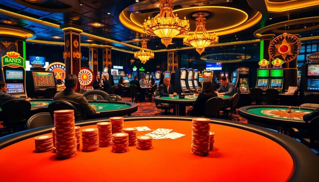 KJC players strategizing at a luxurious poker table amid an exciting casino backdrop.