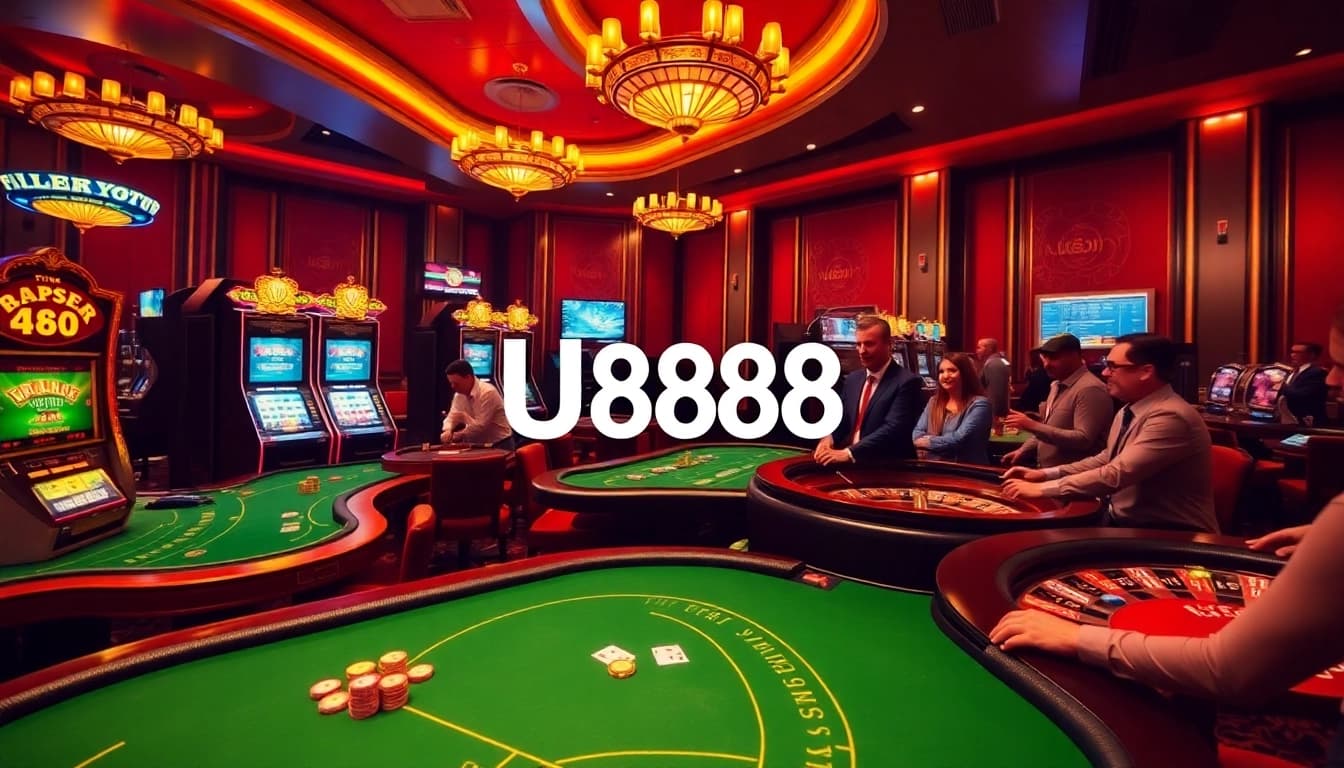 U888 players experiencing thrilling online gambling with poker chips and slot machines.