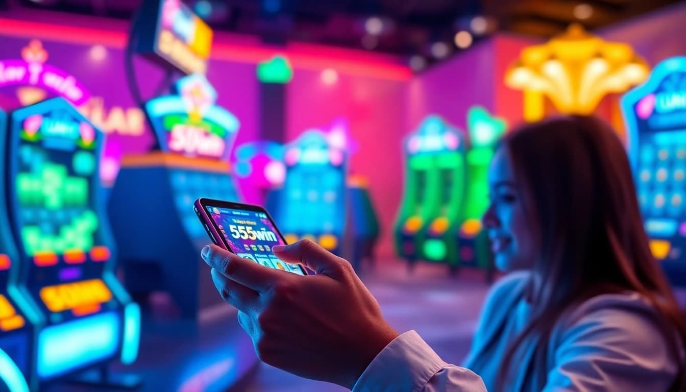 Engaged user enjoying the 555win gaming experience on a smartphone with vibrant digital elements.
