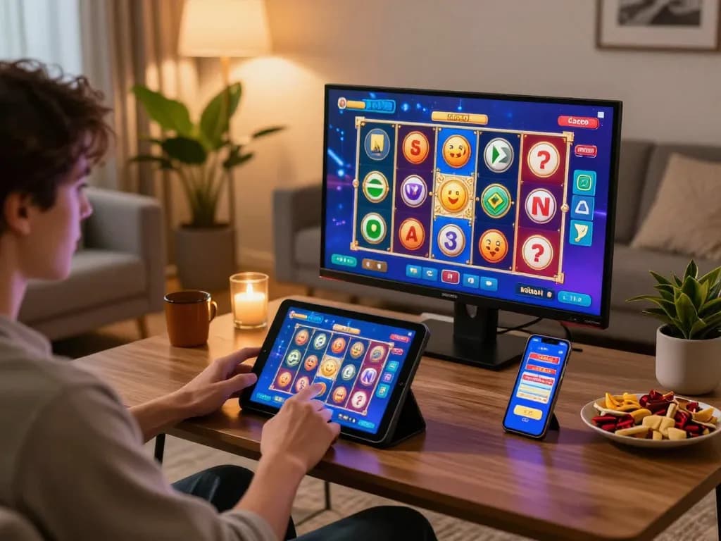 Engaged player using kdslot app on tablet for an exciting online slot experience in a cozy living room.